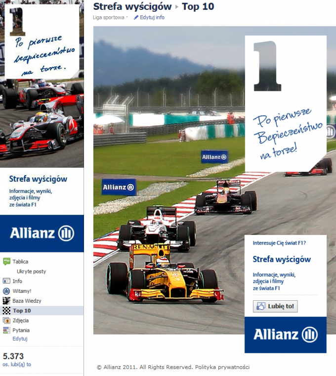 Aplikacje na Facebooka Strefa wyścigów Allianz