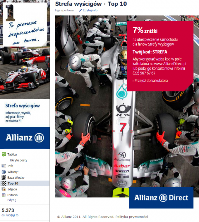 Aplikacje na Facebooka Strefa wyścigów Allianz